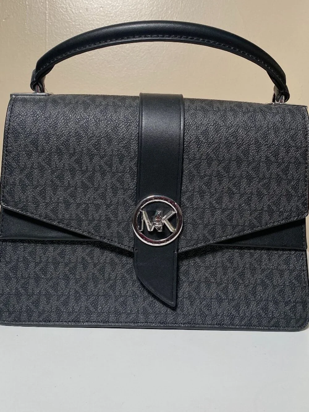 NWT Michael Kors Greenwich Medium Top Handle Satchel Black MK Signature